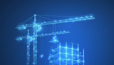 İnşaat. crune altında, üzerinde noktalar, yıldızlar olan koyu mavi gökyüzünde çokgen bir kablo oluşturuluyor. İnşaat, geliştirme, mimari veya diğer konsept illüstrasyon veya arkaplan