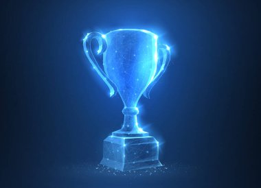 Kupa kupası. Mavi arkaplanda izole edilmiş soyut vektör 3D kupa. Şampiyonluk ödülü, spor zaferi, ödül konsepti. Yarışma başarısı, birincilik, en iyi galibiyet, kutlama töreni sembolü.