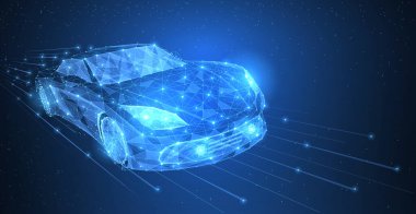 Vector yüksek hızlı araba gece sürücüsü. Lacivert arka plan yıldızları üzerinde soyut kablo düşük poy araba çizimi, farlar açık. Ulaşım, hızlı sürüş, araç yolculuğu konsepti