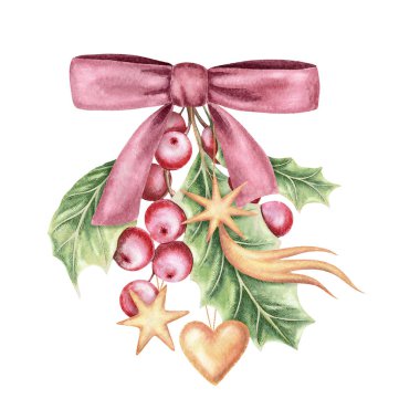 Kutsal dallı, tozlu pembe kurdele yayı ve suluboya ile çizilmiş parlak ve kalem desenli altın yıldız eli. Noel tebrik kartı kompozisyonu. Tatil ve mevsimlik tasarım için mükemmel.