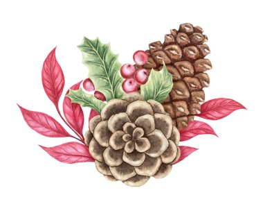 İlahi yapraklı suluboya buket ve ışıl ışıl ve kalem desenli kozalak eli. Pembe ve yeşil renkli şenlik kompozisyonu. Noel tebrik kartı ve botanik tasarımı için mükemmel..