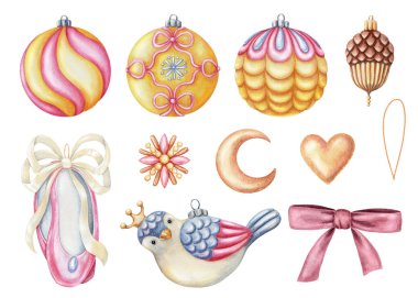Kuş eli ve cam top eli parlak kalem desenli sulu boyayla çizilmiş bir takım Noel süsleri. Pembe ve sarı kadınsı süsler. Kart ve diğer mevsimlik tasarım için mükemmel.