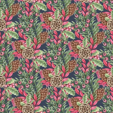 Yapraklı kozalak Noel 'de pürüzsüz olur. Lacivert arka planda elle çizilmiş suluboya buket. Geleneksel tekstil ve kağıt tasarımı için çiçekli kış havası. Tatil duvar kağıdı için mükemmel..