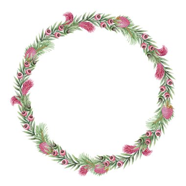 Çember şeklinde porsuk ve ladin dallarından oluşan basit bir Noel çelengi. El yapımı suluboya. Pembe ve yeşil yumuşak bir kış havası yaratır. Festival çerçeve şablonu ve kart tasarımı için iyi.