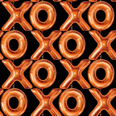 Sevgililer Günü için Xoxo büyük altın folyo balonları pürüzsüz desen. Siyah arka planda metalik tabelası olan el yapımı lüks tatil baskısı. Ambalaj kağıdı ya da romantik parti tasarımı için ideal.