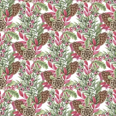 Çam kozalağı ve yaprakları Noel 'de pürüzsüz. Beyaz arka planda elle çizilmiş suluboya buket. Geleneksel tekstil ve kağıt tasarımı için çiçekli kış havası. Tatil duvar kağıdı için mükemmel..