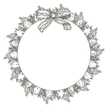 Yumurta ve kır çiçekli Paskalya çelengi klasik taslak tarzında. El yapımı vektör dekoratif tasarım. Tebrik kartı şablonu için yay ile grafiksel daire çerçevesi. Bahar tatili için mükemmel..