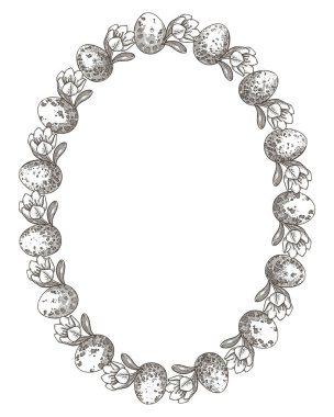 Yumurtalı Paskalya çelengi ve eski usul yasemin çiçeği. El yapımı vektör dekoratif tasarım. Resim tebrik kartı şablonu için grafiksel oval çerçeve. Bahar tatili için mükemmel..