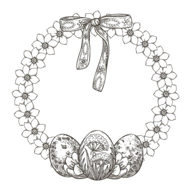 Çiçekli Paskalya yumurtalarıyla klasik eskiz tarzında çelenk. El yapımı vektör dekoratif tasarım. Tebrik kartı şablonu için grafik çizgili yuvarlak çerçeve. Bahar tatili için mükemmel..