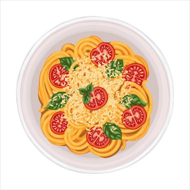 Spagetti makarna üst görünüm vektör karikatür çizimi. Akdeniz kafe menüsü ve şablonu için domates ve peynirli İtalyan yemeği. İzole yemek çizimi tasarımı teslimat grafiği için mükemmel.