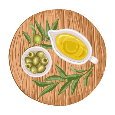 İtalyan zeytinyağı üst görünüm vektör besin çizimi. Elle çizilmiş zeytin dalı ve ahşap tepside yaprak. İtalyan menü tasarımı için yeşil organik malzeme. Mutfak ambalajı için mükemmel.