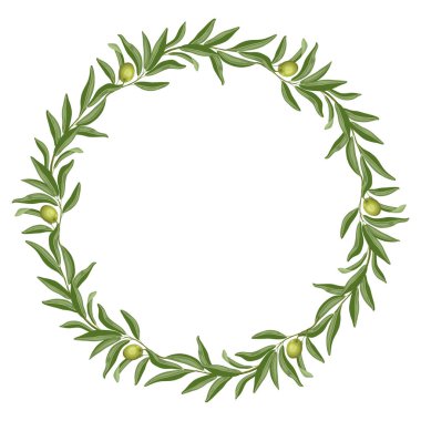 Zeytin ağacı dalı dairesi çerçeve besin illüstrasyonu. El yapımı çelenk, yaprak ve dal ile botanik tarzında. Menü şablonu için yeşil çiçek unsuru. Logo tasarımı ve ürün ambalajı için mükemmel.