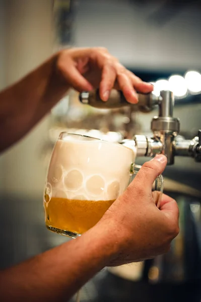 Barista Esperto Che Versa Birra Alla Spina Bicchiere Pilsner Anche — Foto Stock