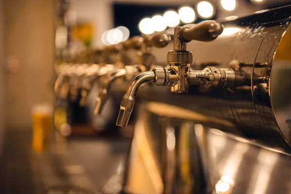 Modern bira fabrikasında bira fıçıları, yan görüş. Arka planda karanlık bir bar.