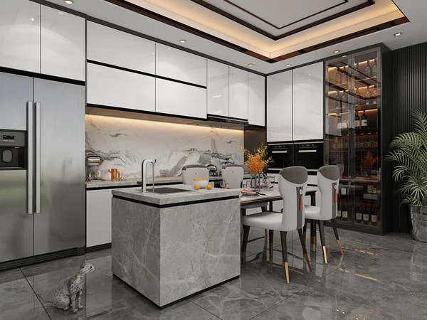 现代家庭厨房内部3D渲染 — 图库照片