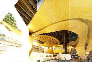 Kafe restoranının 3D görüntüsü.