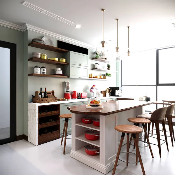 Render Home Kitchen Interior — Stock Photo, Image