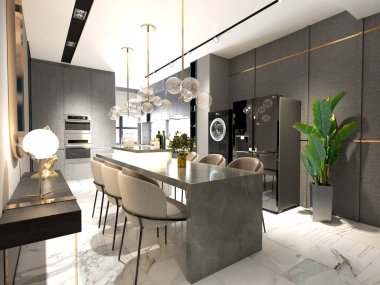 Modern mutfak ve yemek odasının 3D görüntüsü