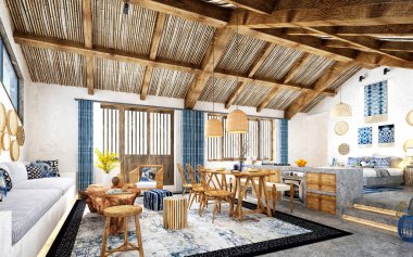 3D ev içi, oturma odası.