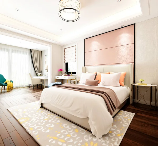豪華なホテルの部屋 ベッドルームの3Dレンダリング — ストック写真