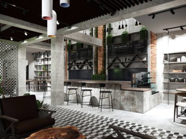 Kafe restoranının 3D görüntüsü.