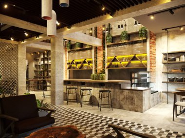 Kafe restoranının 3D görüntüsü.