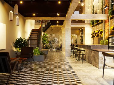 Kafe restoranının 3D görüntüsü.