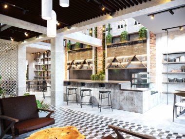 Kafe restoranının 3D görüntüsü.