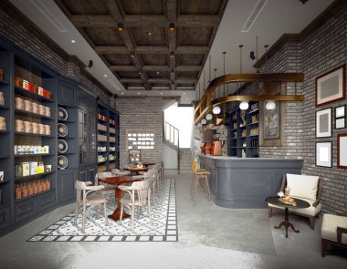 Eski tasarım kafe dükkanının 3D görüntüleyicisi