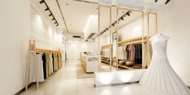 Mağazada 3D mağaza kıyafetleri, ayakkabılar ve çantalar var.