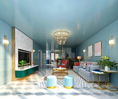 Modern oturma odasının 3D görüntüsü