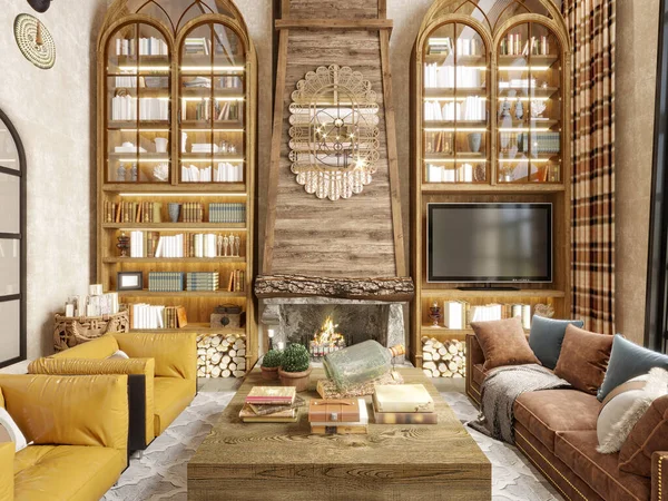 3d render of wooden vintage villa house living room