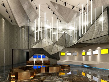 3D lüks otel resepsiyon girişi.