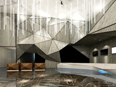 3D lüks otel resepsiyon girişi.