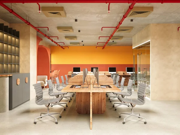 Rendering Interni Ufficio Lavoro Squadra Moderni Con Parete Colore Arancione — Foto Stock