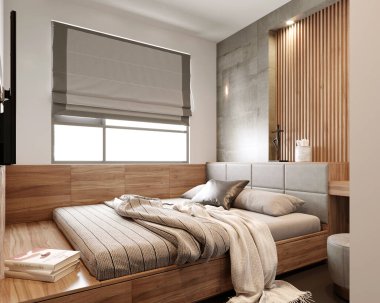 Minimalist tasarım yatak odasının 3D görüntüsü