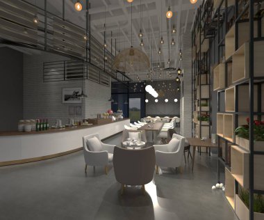 3D render Cafe restoranı iç mekan