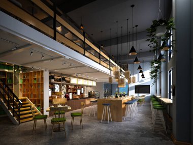 3D render Cafe restoranı iç mekan