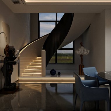 3D modern oturma odası iç mimarisi