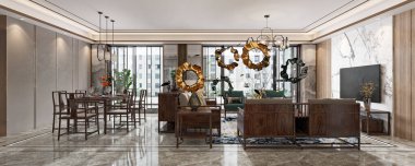 3D modern oturma odası iç mimarisi