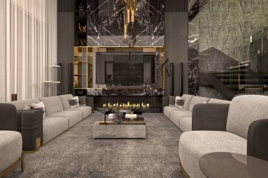 3D modern lüks ev oturma odası
