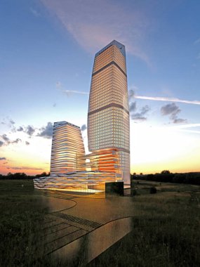 3D gökdelenler gece şehir binaları inşa edilir