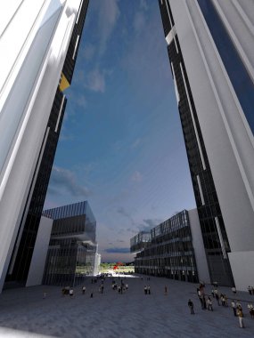 3D gökdelenler gece şehir binaları inşa edilir