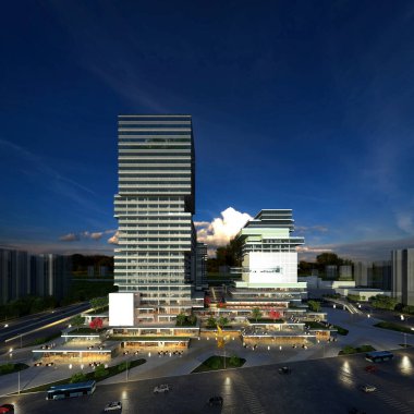 yüksek kalite, 3D görüntü, dış mekan, gece manzarası, modern mimari, sinematik ışıklandırma, gerçekçi yansımalar, kentsel çevre, detaylı dokular, kasvetli atmosfer