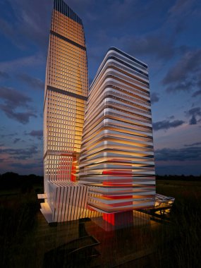 Geceleri 3D bina dış görünümü