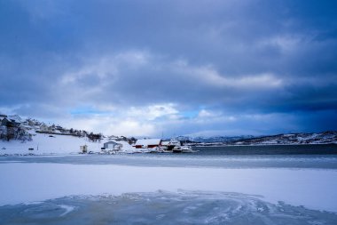 Nefes kesen karlı bir manzara Norveç 'in kuzeyinde, Troms' da buzlu bir denizle karşılaşıyor. Sahne Kuzey Kutbu kış atmosferini yansıtıyor, soğuk sıcaklıklar, doğal güzellik ve İskandinavya 'nın sakin kıyı ortamını yansıtıyor..