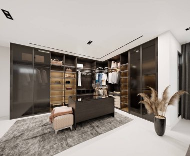 Lüks bir yatak odasının 3 boyutlu tasarımı. Zarif bir modern tarzda tasarlanmış. Sahnede rahat döşenmiş bir yatak, yumuşak katmanlı tekstil, sıcak ortam aydınlatması, özel duvar panelleri ve dekoratif ayrıntılar yer alıyor..