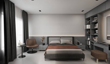 Zarif çağdaş tasarım, büyük boy yatak, yumuşak ortam aydınlatması ve rafine modern dekor içeren 3D bir otel odası. Sahne sofistike ve rahat.