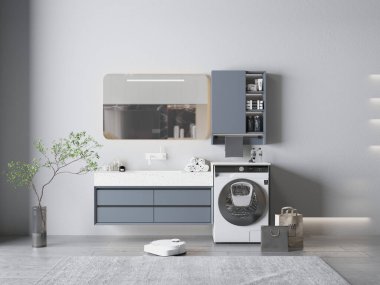 3D dolaplar ve lavabo duvarda.