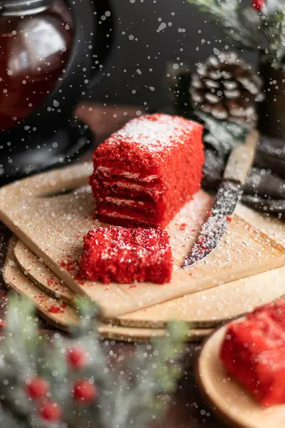 Strawberry Piece Cake Red Fruit Tea Winter Decorations — Stock Photo, Image